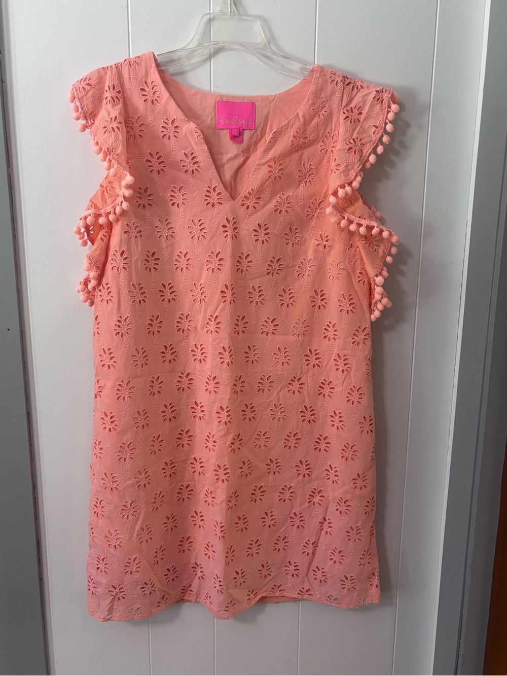 Lilly Pulitzer Palm Tree Embroidered Shift Mini Dress w/Pom-poms Small, Peach